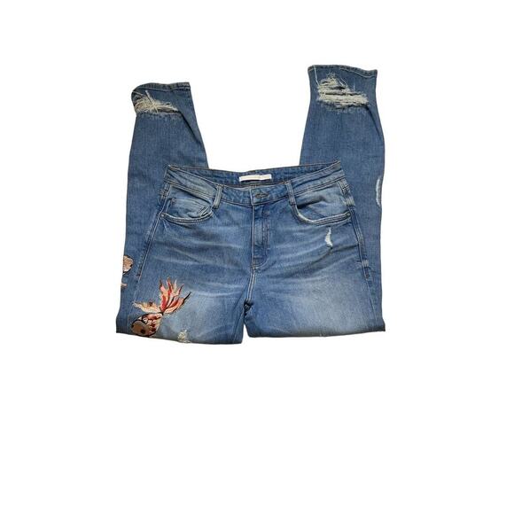 Zara Trafaluc Jeans Womens Size 6 Embroidered Floral Distressed Blue Denim - Picture 6 of 12